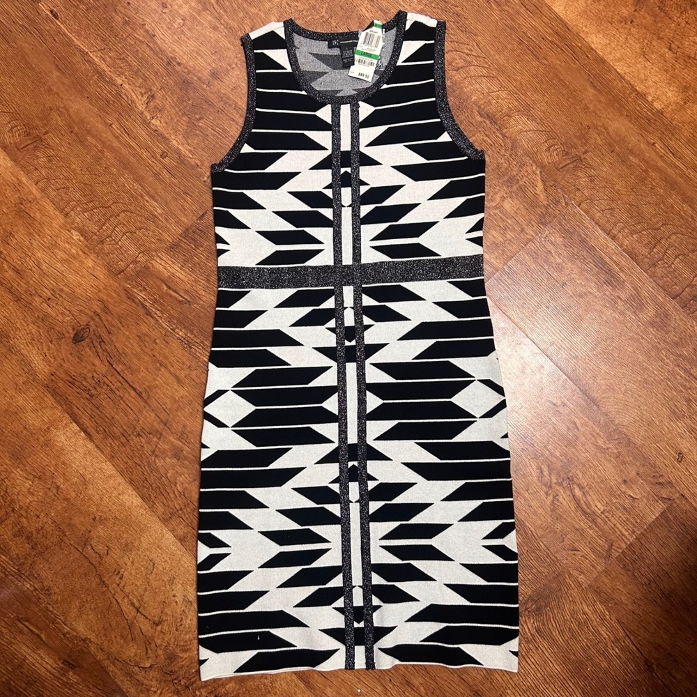 INC International Concepts Black White Geometric Metallic Knit Dress Large NWT